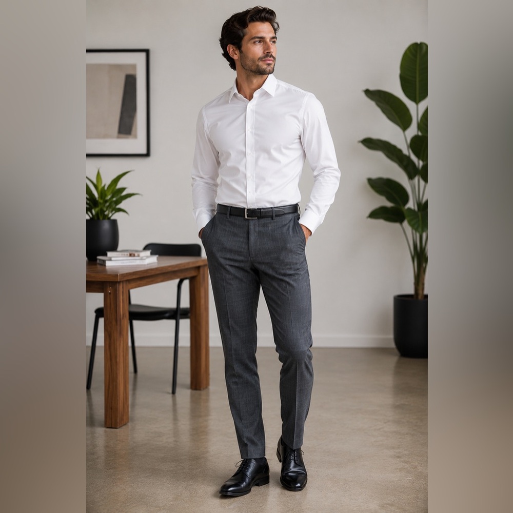 Perry Ellis Slim Fit Stretch Light Gray Windowpane Dress Pants W30” x L32”